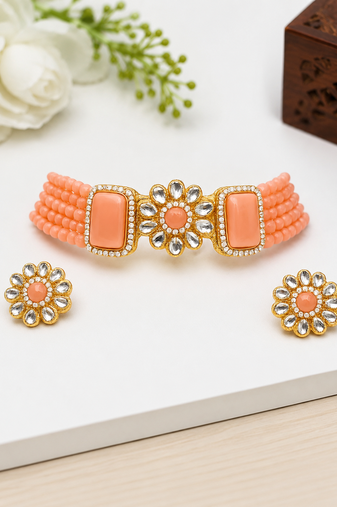 Peach beaded kundan choker necklace set with stud earrings