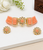 Peach beaded kundan choker necklace set with stud earrings