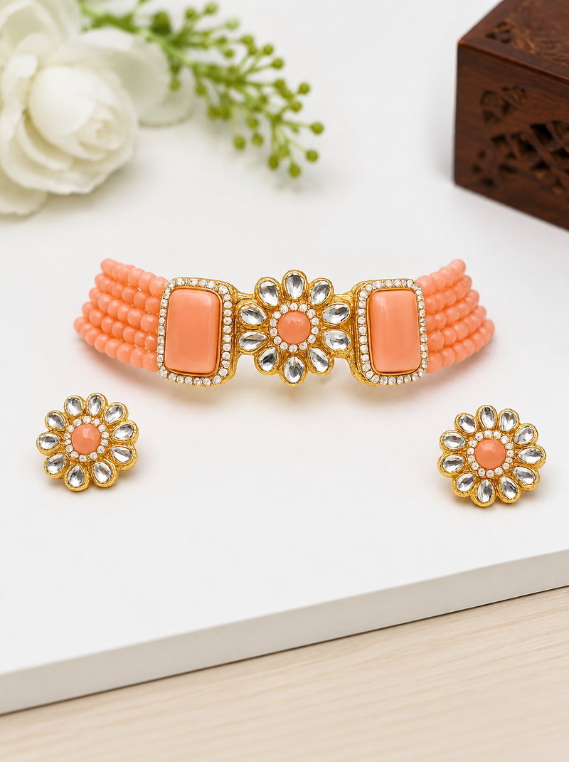 Peach beaded kundan choker necklace set with stud earrings