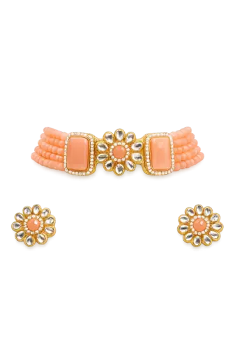 Peach beaded kundan choker necklace set with stud earrings