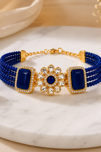 Blue beaded kundan choker necklace set with stud earrings