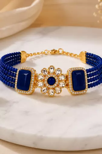Blue beaded kundan choker necklace set with stud earrings
