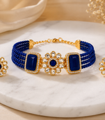 Blue beaded kundan choker necklace set with stud earrings