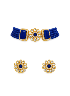 Blue beaded kundan choker necklace set with stud earrings 3