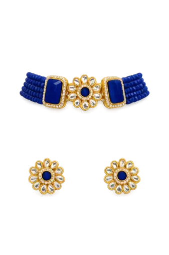 Blue beaded kundan choker necklace set with stud earrings