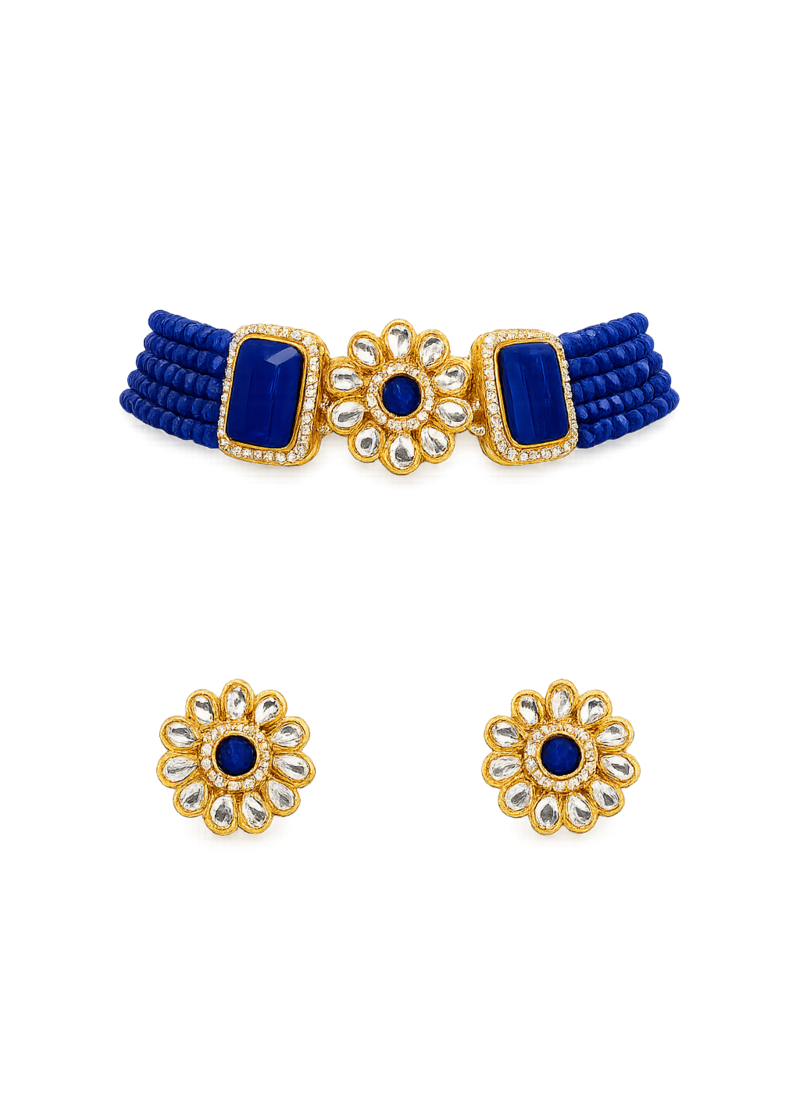 Blue beaded kundan choker necklace set with stud earrings