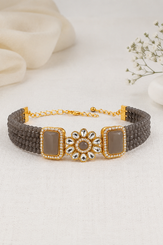 Grey beaded kundan choker necklace set with stud earrings