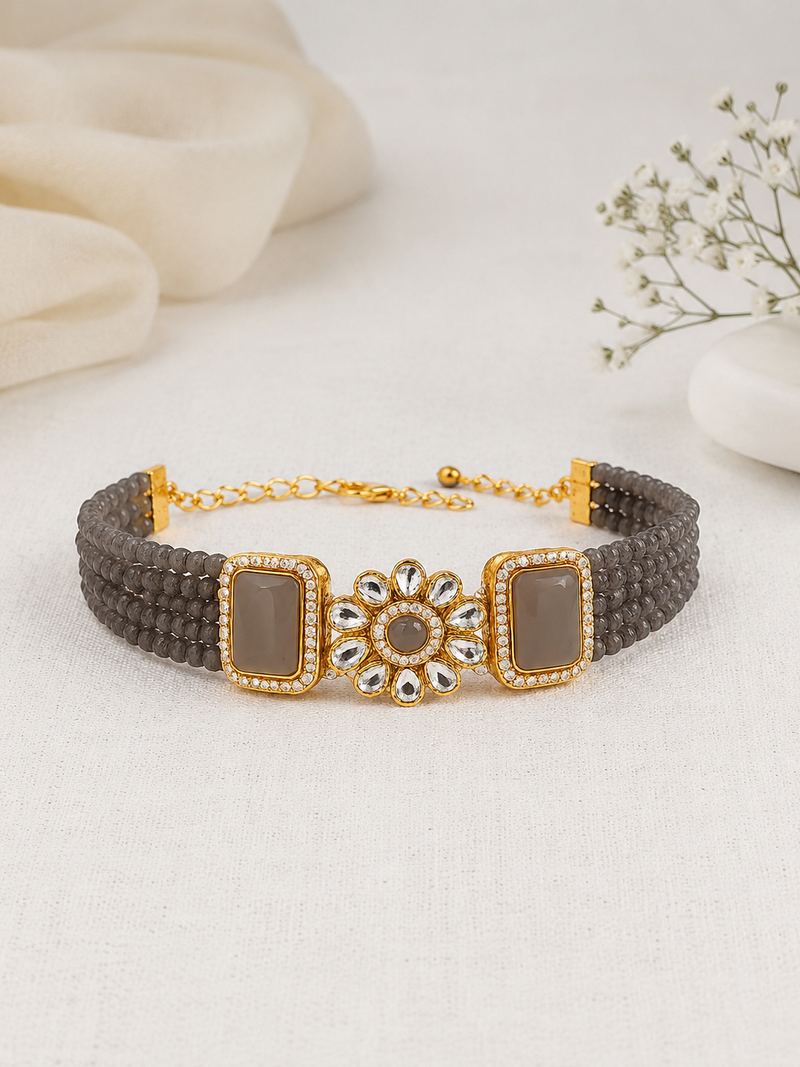 Grey beaded kundan choker necklace set with stud earrings