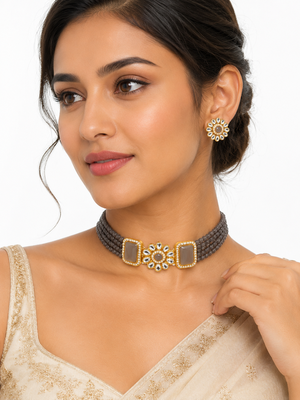 Grey beaded kundan choker necklace set with stud earrings 2