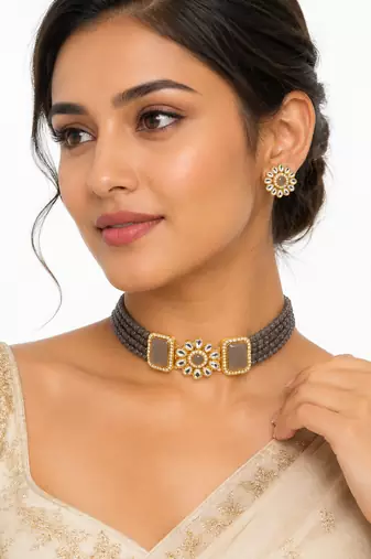 Grey beaded kundan choker necklace set with stud earrings