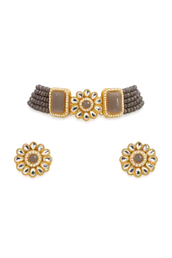 Grey beaded kundan choker necklace set with stud earrings