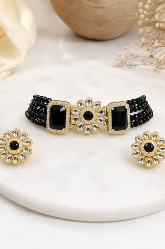 Black beaded kundan choker necklace set with stud earrings