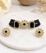 Black beaded kundan choker necklace set with stud earrings