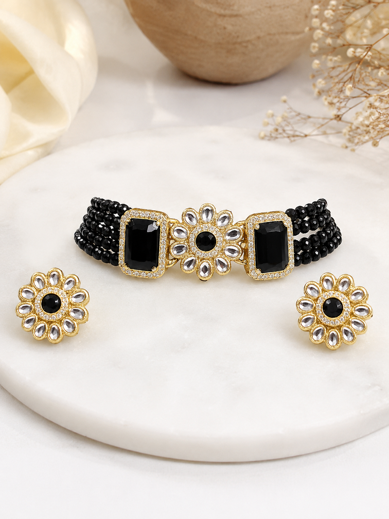 Black beaded kundan choker necklace set with stud earrings