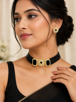 Black beaded kundan choker necklace set with stud earrings 2