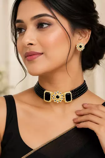 Black beaded kundan choker necklace set with stud earrings