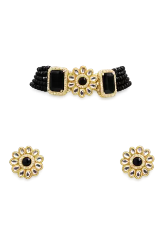 Black beaded kundan choker necklace set with stud earrings