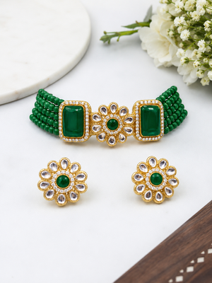 Green beaded kundan choker necklace and earrings jewellery set 1