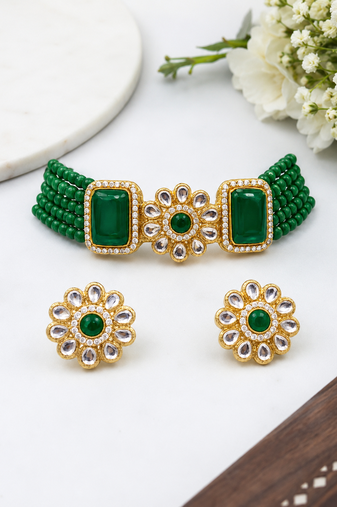 Green beaded kundan choker necklace and earrings jewellery set