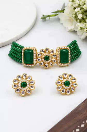 Green beaded kundan choker necklace and earrings jewellery set