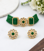 Green beaded kundan choker necklace and earrings jewellery set