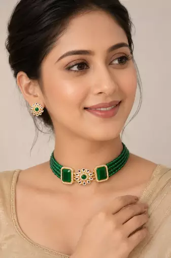 Green beaded kundan choker necklace and earrings jewellery set