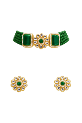 Green beaded kundan choker necklace and earrings jewellery set 3