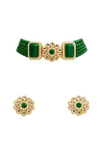 Green beaded kundan choker necklace and earrings jewellery set