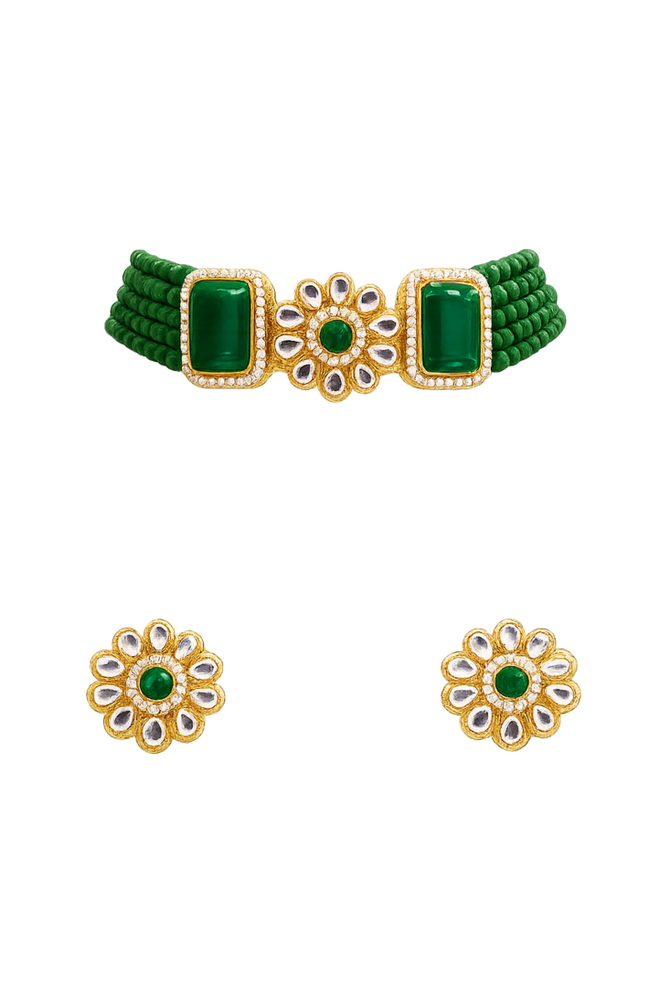Green beaded kundan choker necklace and earrings jewellery set