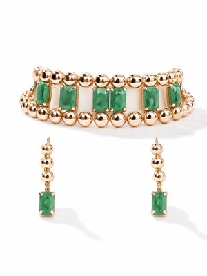 Gold-toned bracelet and drop earrings set with green stones 2