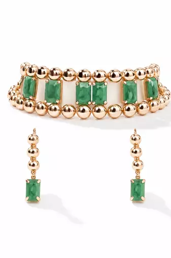 Gold-toned bracelet and drop earrings set with green stones