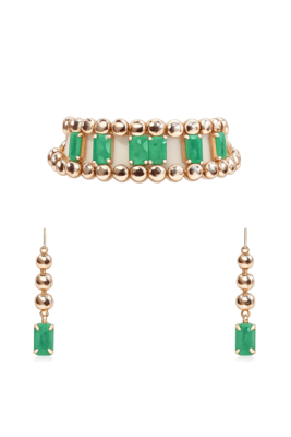 Gold-toned bracelet and drop earrings set with green stones 3