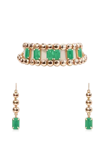 Gold-toned bracelet and drop earrings set with green stones