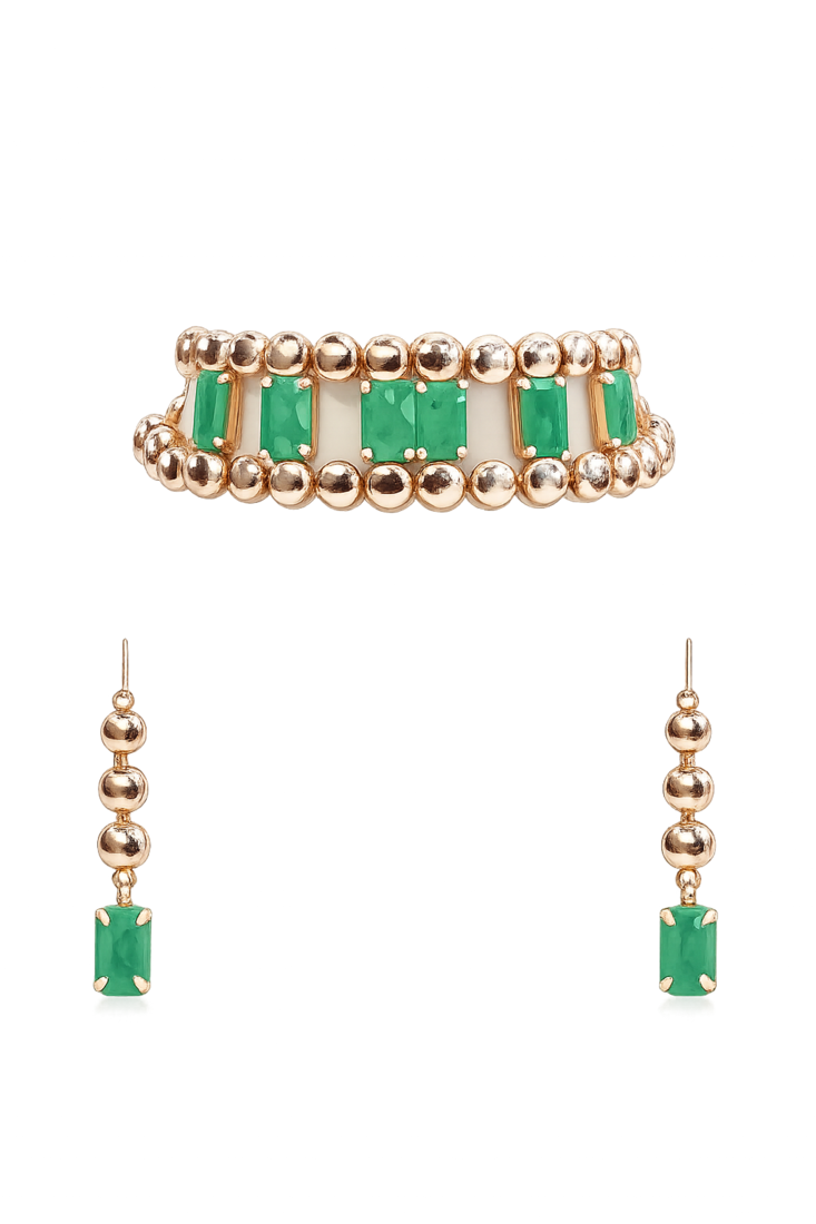 Gold-toned bracelet and drop earrings set with green stones
