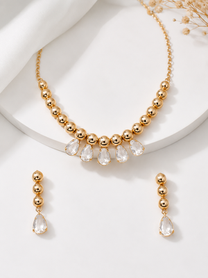 Gold-toned beaded necklace and earrings jewellery set with crystal drops 1