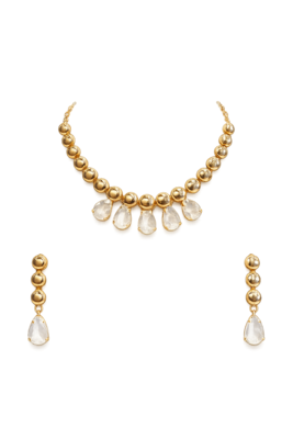 Gold-toned beaded necklace and earrings jewellery set with crystal drops 3
