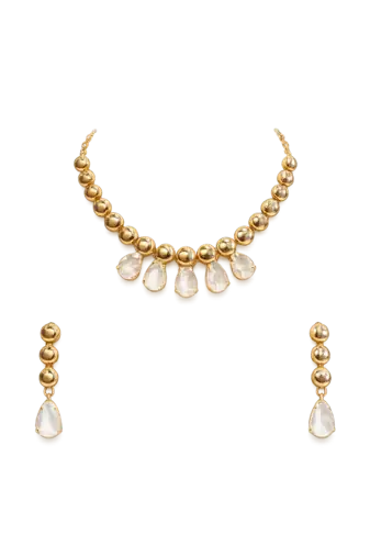 Gold-toned beaded necklace and earrings jewellery set with crystal drops
