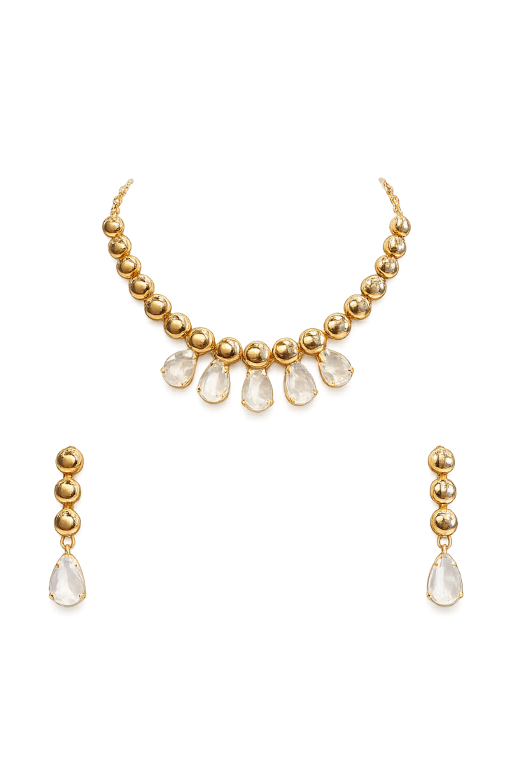 Gold-toned beaded necklace and earrings jewellery set with crystal drops