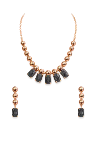 Rose gold necklace and earrings set with black crystal stones