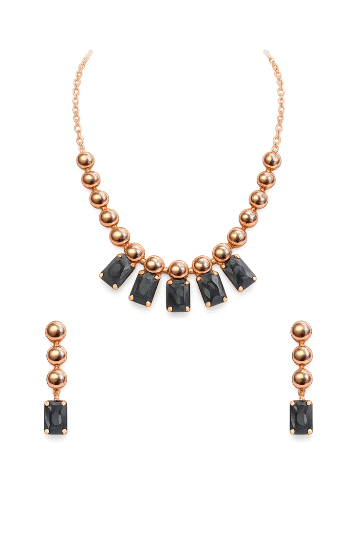 Rose gold necklace and earrings set with black crystal stones