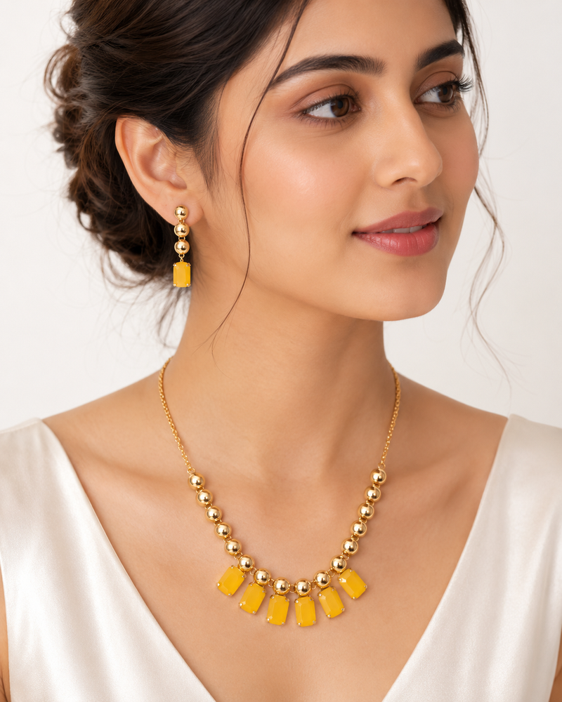 Gold-toned yellow stone necklace and earrings jewellery set