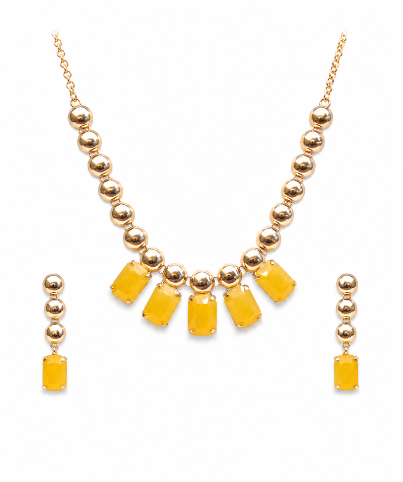 Gold-toned yellow stone necklace and earrings jewellery set