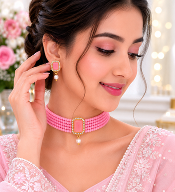 Pink beaded choker necklace and earrings jewellery set 1
