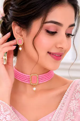 Pink beaded choker necklace and earrings jewellery set