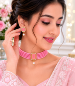 Pink beaded choker necklace and earrings jewellery set