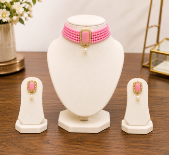 Pink beaded choker necklace and earrings jewellery set 2