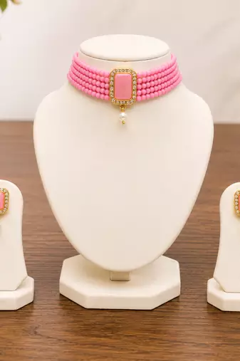 Pink beaded choker necklace and earrings jewellery set