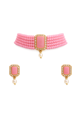 Pink beaded choker necklace and earrings jewellery set 3