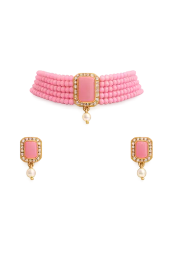 Pink beaded choker necklace and earrings jewellery set