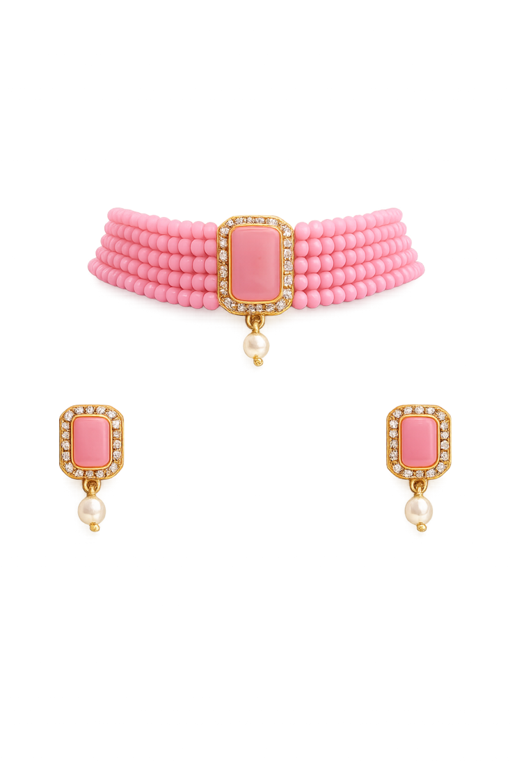 Pink beaded choker necklace and earrings jewellery set